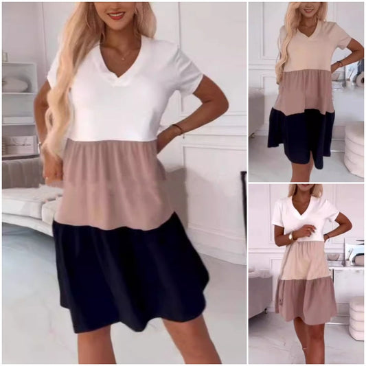 Tříbarevný patchworkový vzor, elegantní dámské dlouhé šaty s výstřihem