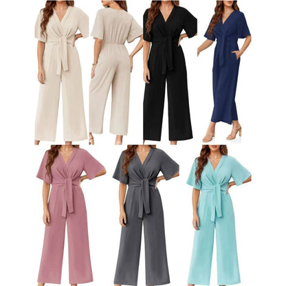 💖Dámský elegantní overal s širokým výstřihem do V a zavazováním v pase