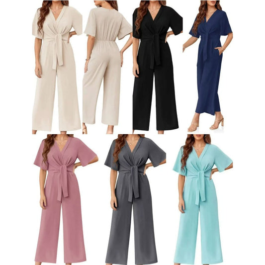 💖Dámský elegantní overal s širokým výstřihem do V a zavazováním v pase