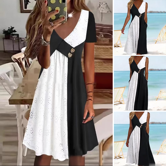 👗 Dámské elegantní patchworkové šaty s výstřihem do V