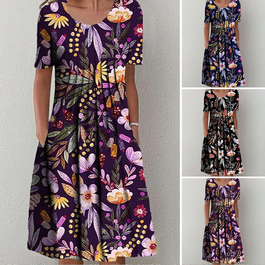 🏵️Elegantní šaty s květinovým potiskem a kapsami