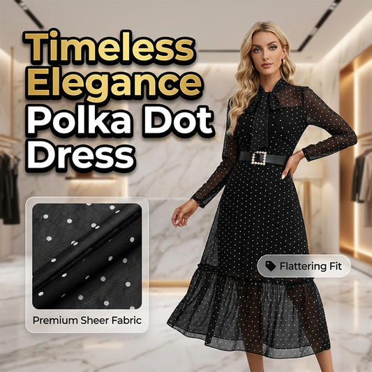 👗Elegantní šaty s polka dot vzorem a vázáním u krku, délka midi