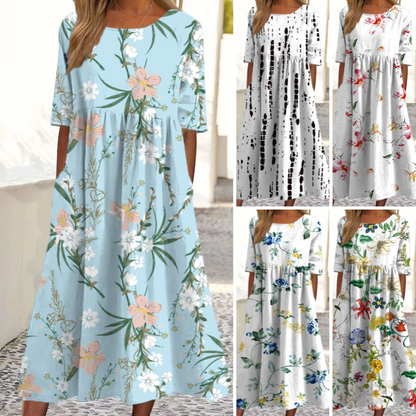 👗🌸Dámské elegantní květinové šaty s kulatým výstřihem a dlouhým rukávem