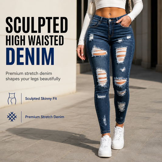 Dámské džíny s vysokým pasem, roztrhané, skinny, distressed, strečové denimové kalhoty