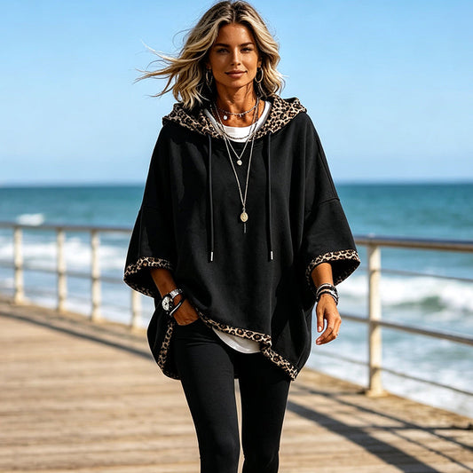 🐆 Leopard Detail, Easy Style | Dámská volná mikina s kapucí a stahovací šňůrkou