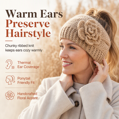 Women Winter Warm Knitted Ear Warmer Headband Wide Floral Hair Accessory